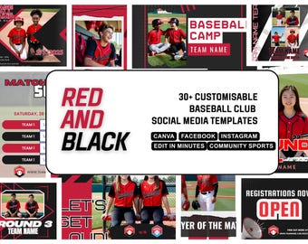 RED BLACK BASEBALL Canva Template | Customisable and Easy to Edit Facebook and Instagram Posts| High school, Non profit, College Sport