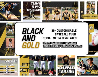 BLACK GOLD BASEBALL Canva Template | Customisable and Easy to Edit Facebook and Instagram Posts| High school, Non profit, College Sport