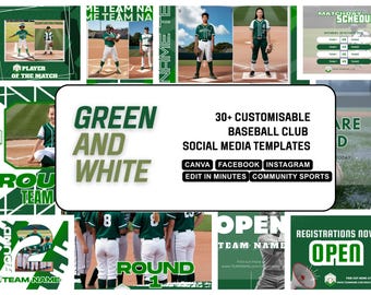 GREEN WHITE Baseball Canva Template | Customisable and Easy to Edit Facebook and Instagram Posts| High school, Non profit, College Sport