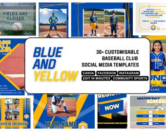 BLUE YELLOW Baseball Canva Template | Customisable and Easy to Edit Facebook and Instagram Posts| High school, Non profit, College Sport