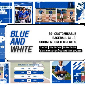BLUE WHITE Baseball Canva Template | Customisable and Easy to Edit Facebook and Instagram Posts| High school, Non profit, College Sport