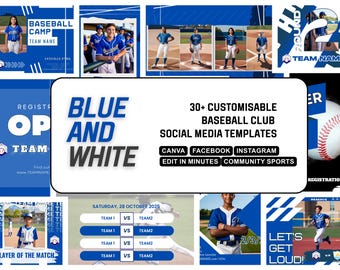 BLUE WHITE Baseball Canva Template | Customisable and Easy to Edit Facebook and Instagram Posts| High school, Non profit, College Sport