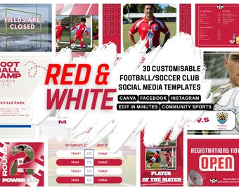 RED WHITE SOCCER club customisable social media Canva template, Suitable for high school, non profit club sports, community football clubs