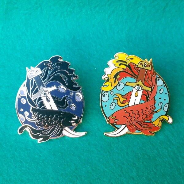 Pair of Fish and Dagger hard enamel pins, Set of 2, gift idea, best friends, hat pins, lapel pin, silver and gold. Enamel pin set, pins