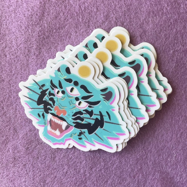 Neon Tiger Vinyl Sticker, Glitch Art, Stationery, Journaling stickers