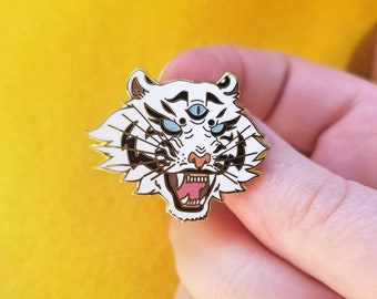 Tiger Enamel Pin with Glitter Eyes - Lapel Pin, Cloisonné Badge, Hard Enamel Pin, Tiger Pin, Pins, Hat Pin - White, Black, Gold