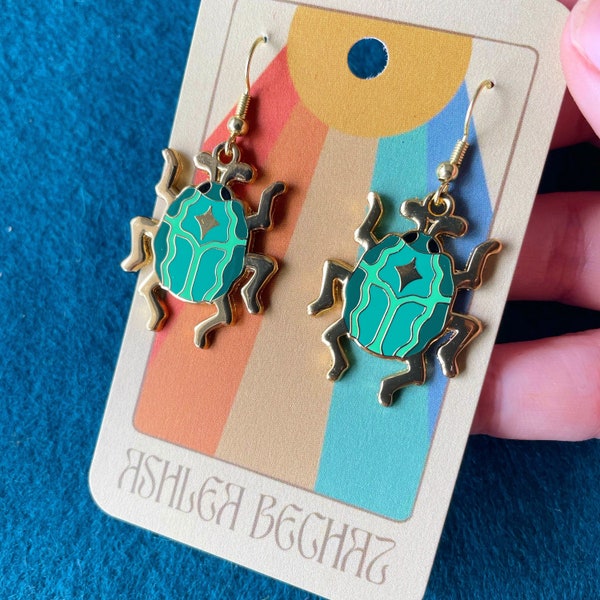 Emerald Scarab Beetle Earrings, Hard Enamel Green