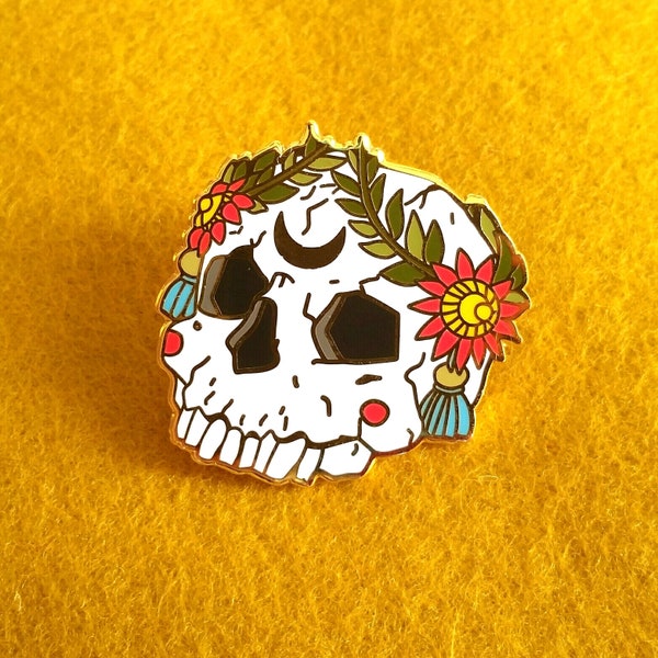 Ornate Skull Hard Enamel Pin with Floral Wreath