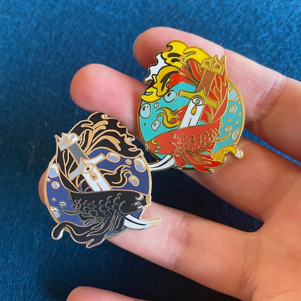 Pair of Fish and Dagger hard enamel pins, Set of 2, gift idea, best friends, hat pins, lapel pin, silver and gold. Enamel pin set, pins