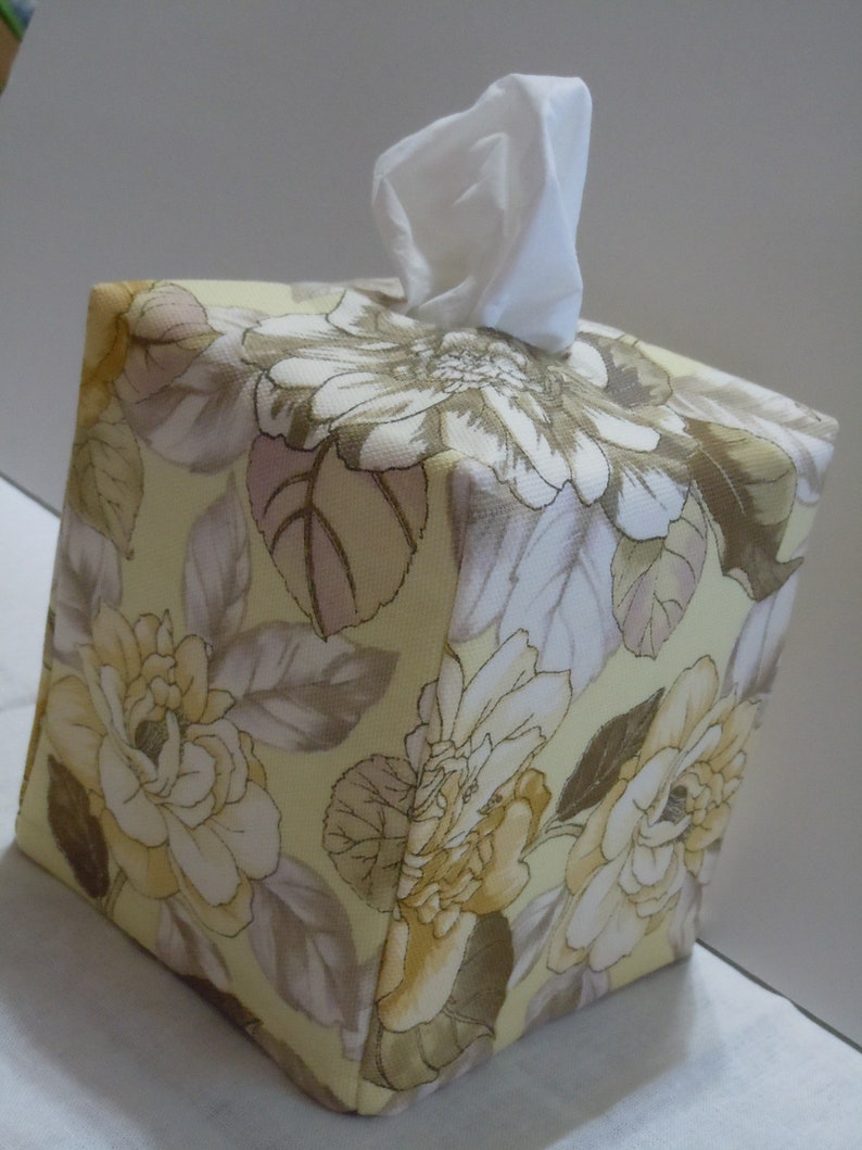 Light Yellow Roses with Grey and Brown Foliage Fabric Tissue Box Cover image 3