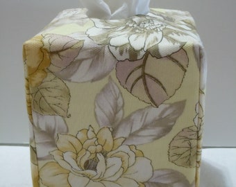 Light Yellow Roses with Grey and Brown Foliage -  Fabric Tissue Box Cover