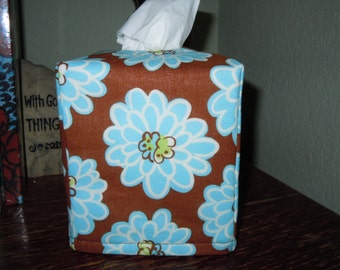 Chocolate Brown with Blue Flowers  - Tissue Box Cover