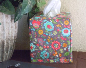 Floral Print on Gray  -  Fabric Tissue Box Cover