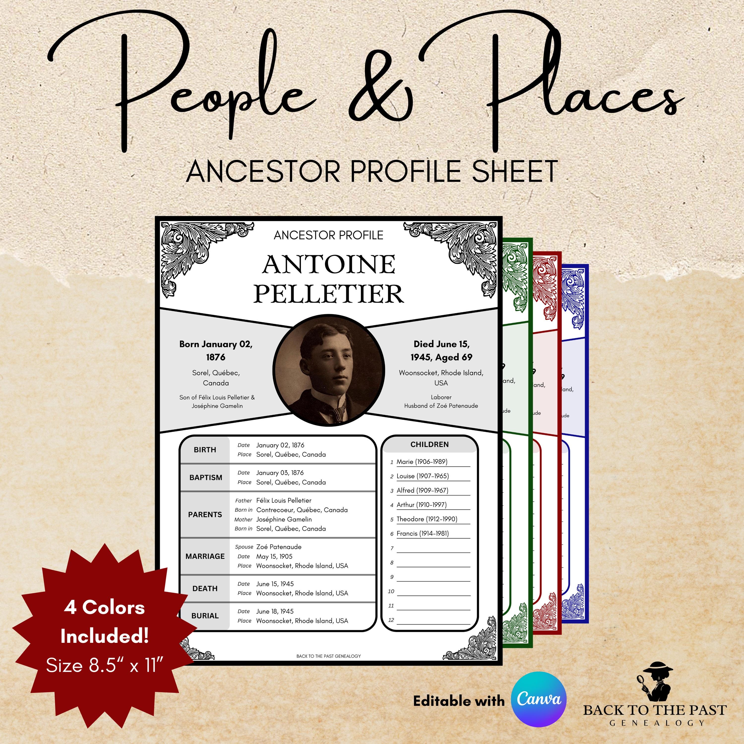 Ancestor Profile Sheets | People & Places | Easy Customizable Canva ...