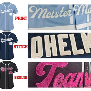 May include: Baseball jerseys in light blue, navy, and black. Each jersey features a team name and the number 88. Close-ups show print, stitch, and sequin details of the lettering.