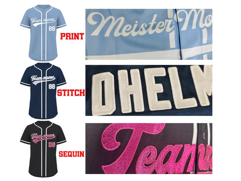 May include: Baseball jerseys in light blue, navy, and black. Each jersey features a team name and the number 88. Close-ups show print, stitch, and sequin details of the lettering.
