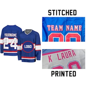 May include: A blue hockey jersey with white and red stripes, featuring the text YOURNAME and the number 24 on the back. The image includes a close-up of stitched text reading TEAM NAME and a printed example showing the name K LAURA in pink.