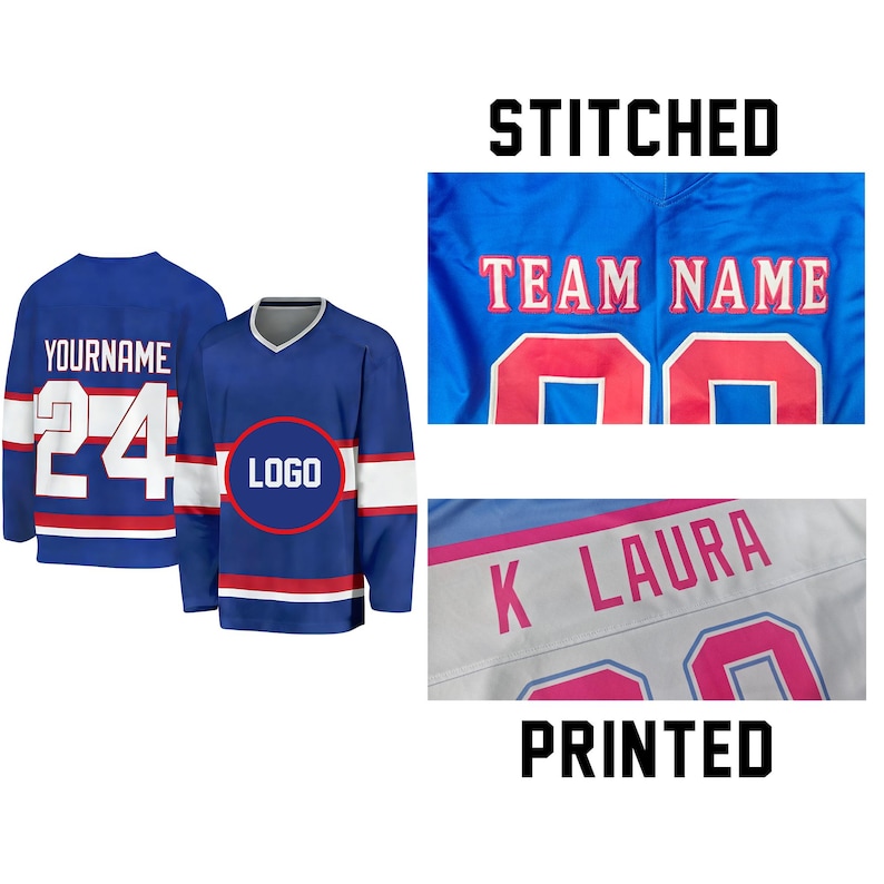May include: A blue hockey jersey with white and red stripes, featuring the text YOURNAME and the number 24 on the back. The image includes a close-up of stitched text reading TEAM NAME and a printed example showing the name K LAURA in pink.