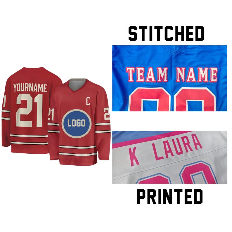 May include: A red hockey jersey with white stripes, the text YOURNAME, the number 21, and a circular logo. Additional panels show a blue jersey with stitched text TEAM NAME and a white jersey with printed text K LAURA and the number 00.