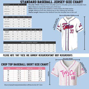 May include: A baseball jersey size chart and a pink and white striped crop top baseball shirt size chart. The image includes a white baseball jersey with the word "Twice" and the number "37" on the front.