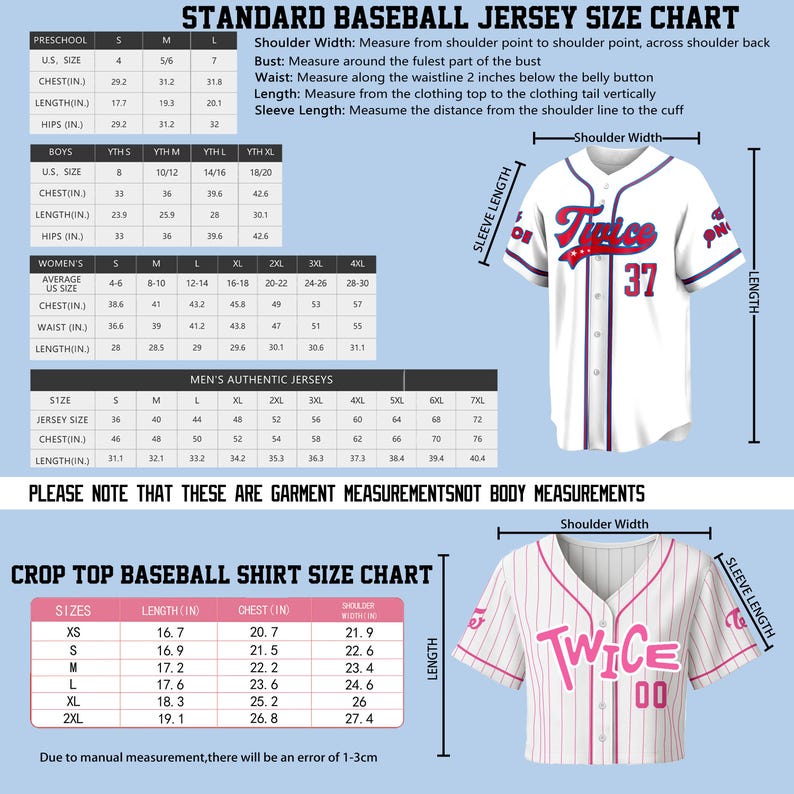 May include: A baseball jersey size chart and a pink and white striped crop top baseball shirt size chart. The image includes a white baseball jersey with the word "Twice" and the number "37" on the front.