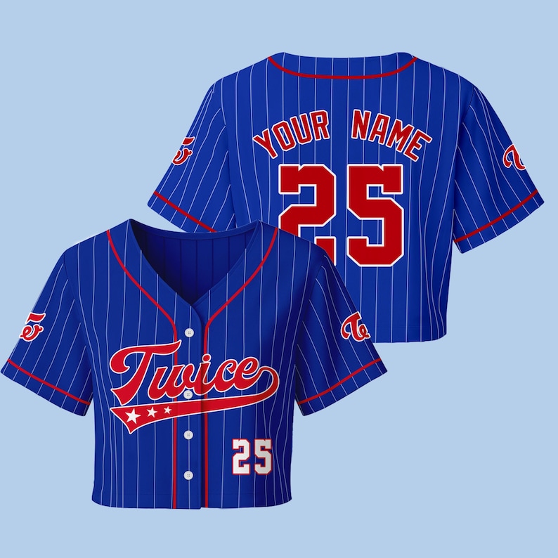 May include: Blue and white pinstripe baseball jersey with red accents. The front features the word "Twice" in red script, the number "25", and three stars. The back has the text "YOUR NAME" above the number "25".