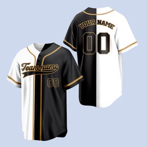 May include: Two baseball jerseys, one in front and one in the back, with a split design. One side is white, the other black. Gold trim and lettering. The front jersey says "Team name" and "00". The back jersey says "Your Name" and "00".