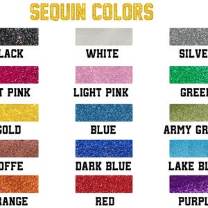 May include: Image showcasing a color chart of sequin colors. The chart displays rectangular swatches of various colors, including black, white, silver, hot pink, light pink, green, gold, blue, army green, coffee, dark blue, lake blue, orange, red, and purple.