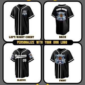 May include: Black baseball jersey with white trim and a custom logo. The jersey has a button-up front and is shown from multiple angles, including the front, back, and sleeves. Text on the jersey includes "YOUR NAME", "CUSTOM LOGO", and "Team name".
