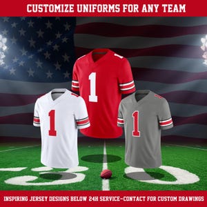 May include: Three football jerseys in red, white, and gray, each with the number "1" in red. The jerseys have striped sleeves and are displayed on a green field with a football. The background features an American flag. Text reads "CUSTOMIZE UNIFORMS FOR ANY TEAM".