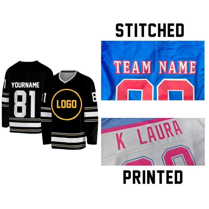May include: A black hockey jersey with white stripes, the text YOURNAME, and the number 81. A blue jersey features stitched red text TEAM NAME and numbers. A white jersey displays printed pink text K LAURA and numbers with pink outlines.