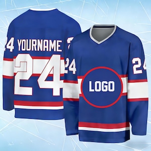 May include: A blue hockey jersey featuring a white and red horizontal stripe pattern. The front displays a circular logo area, while the back shows the number 24 and the text YOURNAME. The sleeves also feature the number 24 in white with red trim.