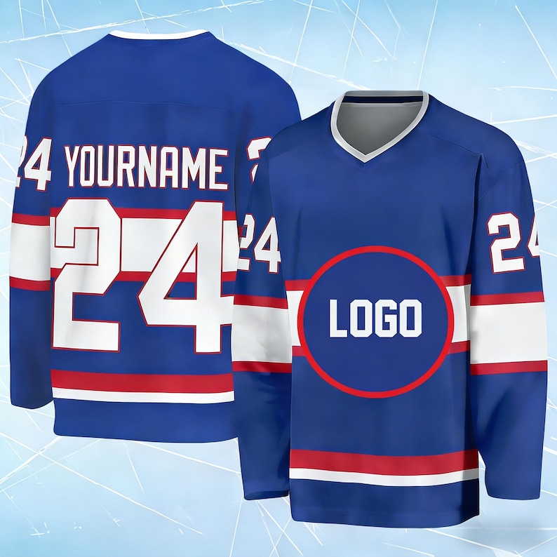 May include: A blue hockey jersey featuring a white and red horizontal stripe pattern. The front displays a circular logo area, while the back shows the number 24 and the text YOURNAME. The sleeves also feature the number 24 in white with red trim.