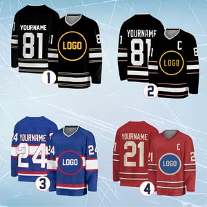 May include: Four sets of hockey jerseys in black, blue, and red. Each set includes a back view with the text YOURNAME and a number, and a front view with a circular LOGO graphic. The black jerseys feature white stripes, the blue and red jerseys feature white and contrasting stripes.