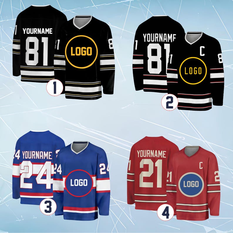 May include: Four sets of hockey jerseys in black, blue, and red. Each set includes a back view with the text YOURNAME and a number, and a front view with a circular LOGO graphic. The black jerseys feature white stripes, the blue and red jerseys feature white and contrasting stripes.