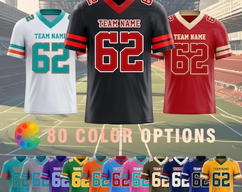 May include: Football jerseys in white, black, and red, each with the number 62. The jerseys have contrasting color accents on the sleeves and collar. The image also displays a palette of 80 color options for customization.