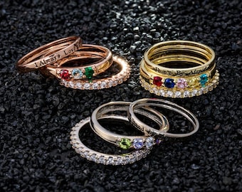 Anillo apilable con piedra de nacimiento familiar (1-10) para mamá, 3 anillos apilables personalizados para madres, regalo para ella, joyería personalizada, anillo con nombre grabado