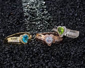 Anillo de graduación personalizado en forma de corazón para la promoción de 2026, con piedra de nacimiento y nombre grabados a medida, ideal para la escuela secundaria y la universidad. Idea de regalo.