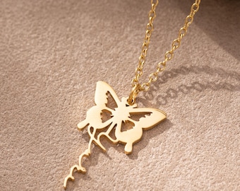 Collar personalizado con mariposa y nombre del mes de nacimiento, colgante con letras tipográficas personalizadas, joyería minimalista para mujer, regalo para el Día de la Madre.