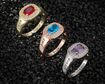 Anillo de graduación de secundaria personalizado con piedra natal, anillo de graduación universitaria con nombre grabado a medida, anillo de graduación, joyería delicada con halo para mujer.