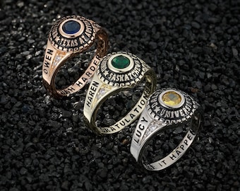 Anillo de graduación clásico de instituto con halo personalizado y nombre grabado, anillo de graduación universitario con piedra natal personalizada, regalo para equipo, joyería llamativa
