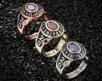 Anillo de graduación personalizado con nombre grabado y piedra de nacimiento, anillo de graduación de preparatoria o universidad personalizado, joyería clásica vintage, regalo único para equipo.