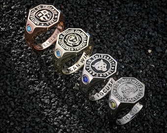 Custom School Crest Signet Ring with Name Engraved, Personalized Birthstone Class Ring, High School College Graduation Gift, Vintage Jewelry