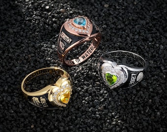 Anillo de sello personalizado con escudo y piedra natal en forma de corazón, anillo de graduación universitario grabado a medida para mujer, joyería delicada, regalo de graduación para ella.