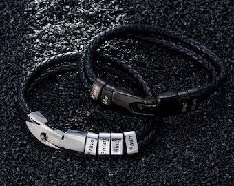 Pulsera de cuero grabada personalizada con 1 a 6 cuentas, pulsera doble trenzada personalizada para hombre, joyería para esposo, regalo del Día del Padre para él.
