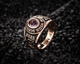 Anillo de graduación de plata esterlina personalizado con piedra de nacimiento 2025, anillo de sello de clase de escuela secundaria y universidad con nombre, regalo grabado personalizado