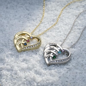 Custom Heart Name Necklace with Birthstone,Family Jewelry Gift,Engraved Couples Necklace,Birthday Gift,Mother's Day Gift,Family Keepsake