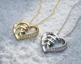 Collar con nombre de corazón personalizado con piedra de nacimiento, regalo de joyería familiar, collar de pareja grabado, regalo de cumpleaños, regalo del día de la madre, recuerdo familiar