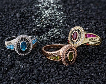 Anillo de graduación personalizado con piedra de nacimiento y nombre, joyería de graduación personalizada, anillo de graduación de secundaria y universidad con grabados personalizados.