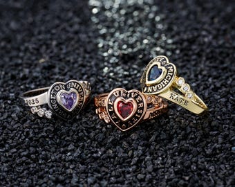 Anillo de graduación de plata de ley, anillo de graduación para mujer con grabados personalizados, joyería de graduación personalizada con piedra de nacimiento, regalo académico.